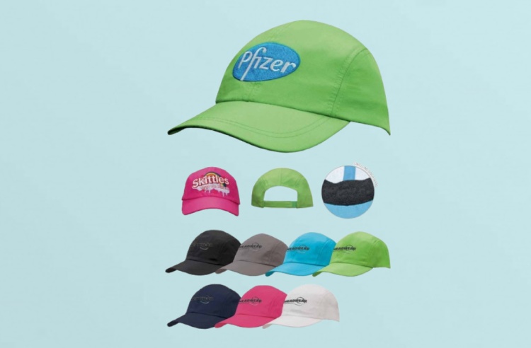 Variety of caps with different embroidery designs and logos, showcasing custom embroidery options for headwear.