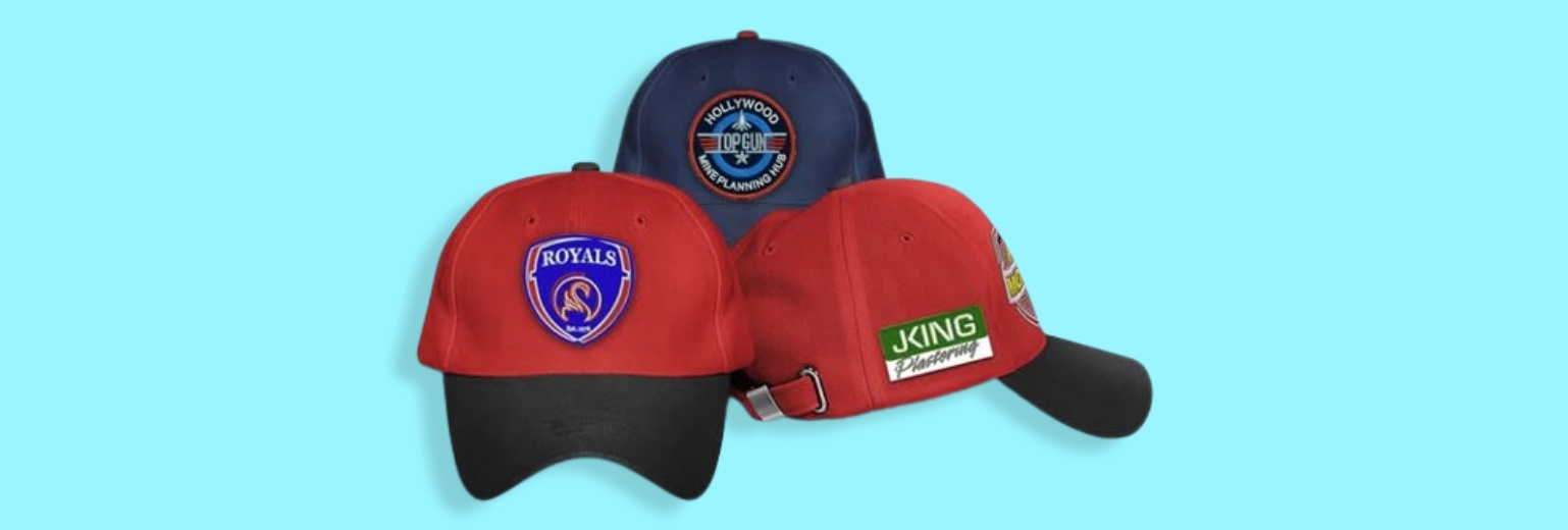 Examples of cap embroidery with diverse designs and color combinations.